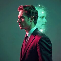 Man in red suit and green tie facing away, with an ethereal duality effect depicting inner conflict. Use: corporate profiles, psychological studies.