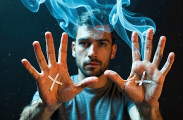 A man with smoke and ghostly X on his palms, reflecting paranormal or supernatural elements. Use: horror-themed magazine cover, psychological.