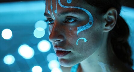A young woman with intricate blue face paint illuminated by ambient light, evoking futuristic or scientific themes.