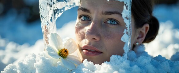 A young woman's blue eyes and serene expression framed by snowy blossoms, evoking a sense of cold beauty and quiet introspection. Use: travel blog.