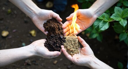 Two hands holding dark and light soil, with flames indicating composting or fire. Use: gardening blogs, nature documentaries.