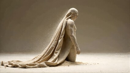 This image shows a statue seemingly dissolving into fine sand, symbolizing the passage of time or existential introspection. Best suited for travel.