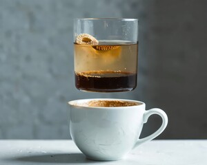 A floating ice tea in a clear glass over an elegant white mug filled with frothy coffee, set against a blurred background.