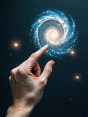 A human finger gently touches a mesmerizing spiral galaxy, creating an awe-inspiring moment between the earthly and cosmic realms. Use: space.