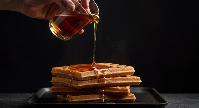Slow motion maple syrup pouring from glass jar over soft steam waffle stack for international waffle day commercial advertisement