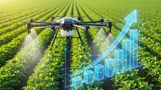 Smart Farming Drone Spraying With Data Growth Chart