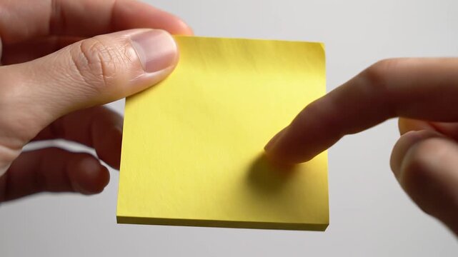 Hands holding and pointing at yellow sticky note.