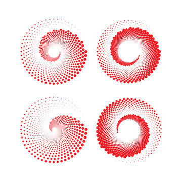 Four red spiral patterns composed of numerous small dots on a white background
