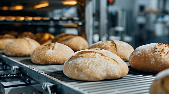 Close-up of loaves of bread on a conveyor belt, fresh from the oven, illuminated by industrial lighting. Depth of field