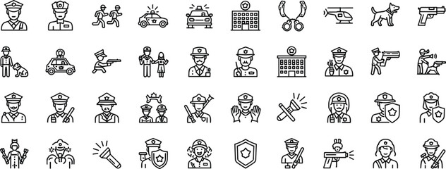Police law enforcement line icon set showing officers weapons patrol cars security protection and public safety symbols isolated on white background © Athier