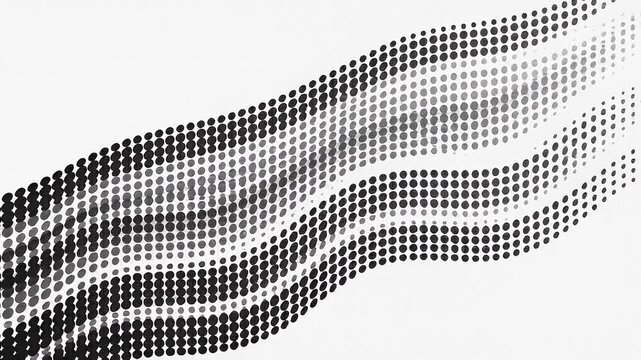 Abstract halftone wave pattern in black and gray dots on white background
