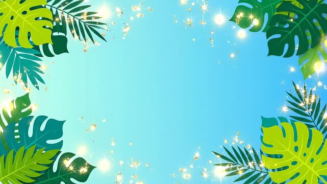 Tropical leaf frame with monstera and palm leaves on blue gradient background
