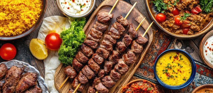Delicious Middle Eastern Food Spread with Kebabs and Dips.