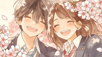桜の花びらが舞う中、制服姿の高校生カップルが明るく笑い合う春のイラスト。青春・恋愛・卒業・入学シーズンに最適な構図で動画素材にも最適。