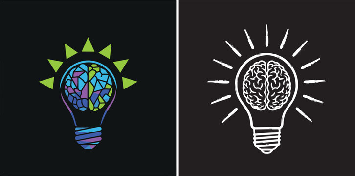 Modern vector of a human brain inside a lightbulb, symbolizing creativity and innovation. Features a colorful stained-glass style on the left and a white line-art sketch on the right.