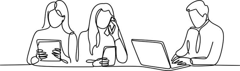 Continuous Line Drawing of Three People Working Together at a Table single line art teamwork © Shahajan