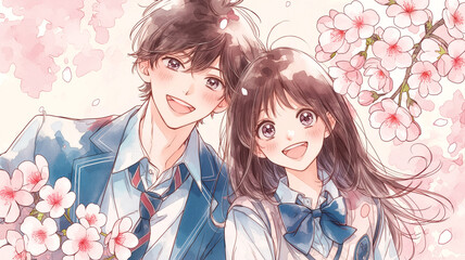 桜満開の春、高校生カップルが手をつないで笑い合う青春のワンシーンを描いたイラスト素材。卒業、入学、友情や恋愛の雰囲気を盛り込んだ作品です。