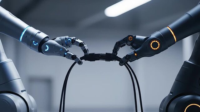 Robot arms connect in a collaborative effort indoors with machinery