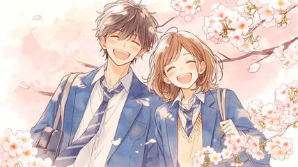 卒業や入学、春の行事シーンにぴったりな学生カップルのイラスト。桜の舞う背景と自然な笑顔が青春の輝きを表現した、感情を引き出す構図です。