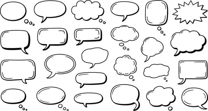 Hand-Drawn Speech and Thought Bubbles in Black Outline vector illustration