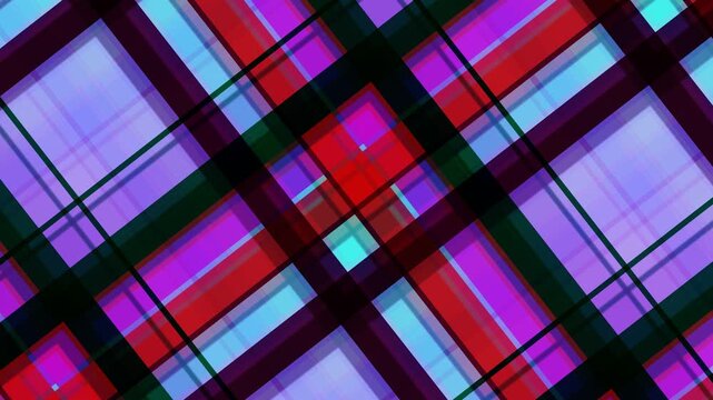 An abstract geometric background featuring intersecting lines creating a dynamic plaid or tartan pattern in vibrant colors like purple red and cyan. Suitable for motion graphics modern backdrops