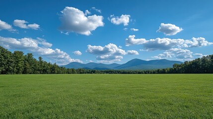 Fototapeta premium Vast Green Meadow Under a Blue Sky with Fluffy Clouds and Distant Mountains.