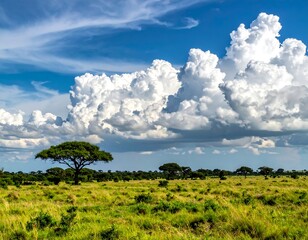 Vast savanna landscape with puffy clouds and acacia trees