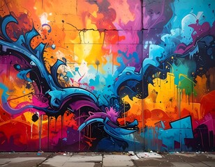 Vibrant abstract mural with colorful splatters and flowing shapes
