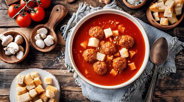 A vibrant food composition of a tomato-based soup with meatballs, croutons, and various ingredients, on a rustic wooden table