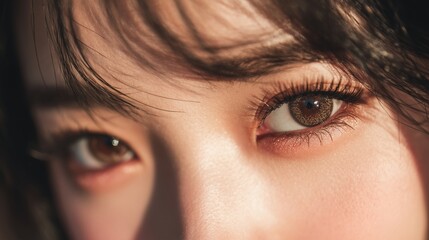Close up of beautiful woman eyes with professional eyelash extensions and brown contact lenses.