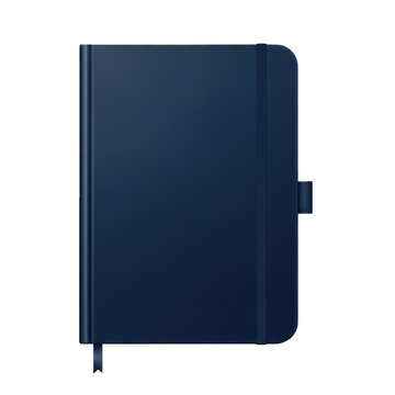 A sleek navy blue notebook with a black elastic closure on a white background isolated on transparent background