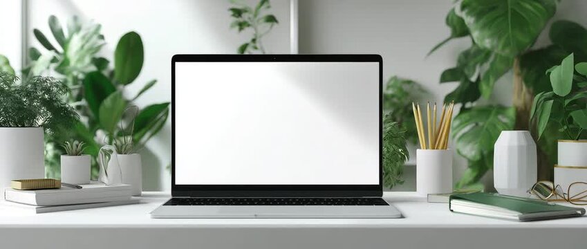 Modern workplace mockup shows laptop on white table with plants. Empty screen on device. Blank notebook, pencils on desk. Stylish home office space with plants. Minimalist design with white walls