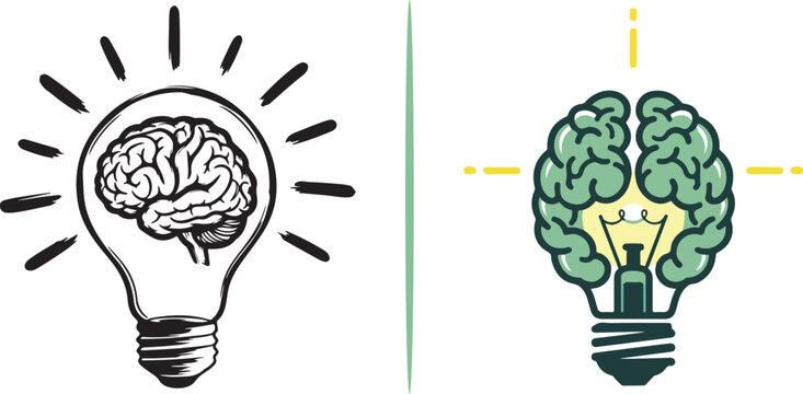 Eight diverse vector illustrations combining lightbulbs and brains to represent genius and brainstorming. Styles range from simple black line art to colorful, energetic flat designs.
