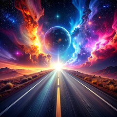 Vibrant celestial landscape with a glowing planet