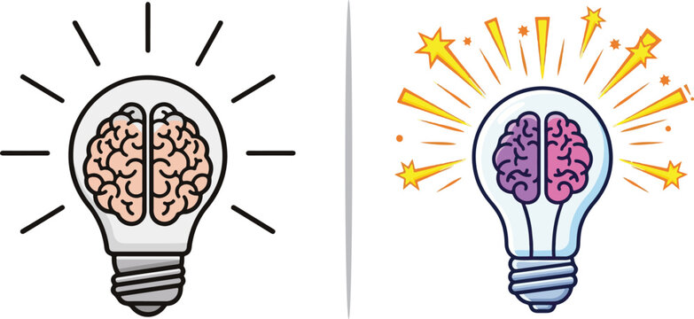 Six vector illustrations merging lightbulbs and brains to represent creativity and brainstorming. Styles include simple black outlines, vibrant flat designs, and dynamic cartoon graphics.
