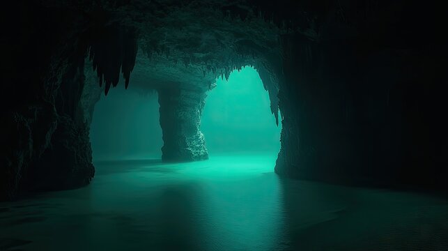 Underwater Cave Archway With Turquoise Light Shimmer Over Calm Ocean Water
