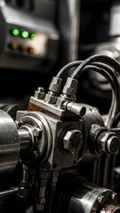 Obraz premium Close-up of industrial machinery with hydraulic components and wiring.