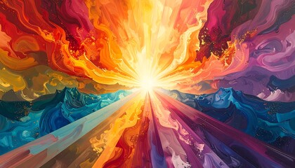 Vibrant, colorful digital artwork depicting a radiant sunburst above a mountain range