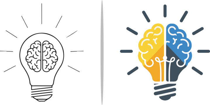 Two vector icons of lightbulbs with brains inside. The left is a simple black line drawing; the right is a vibrant, modern flat design using yellow, blue, and grey to show creative thinking.
