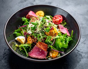 Vibrant colorful gourmet salad with seared tuna in a dark bowl