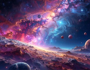 Vibrant cosmic landscape with planets and stars