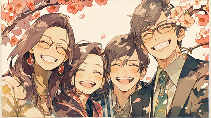 花びら舞う春の公園で仲良く家族の姿を描いた温かみあるイラスト素材家族愛や団らんをテーマにした動画シーンにも使いやすい春背景