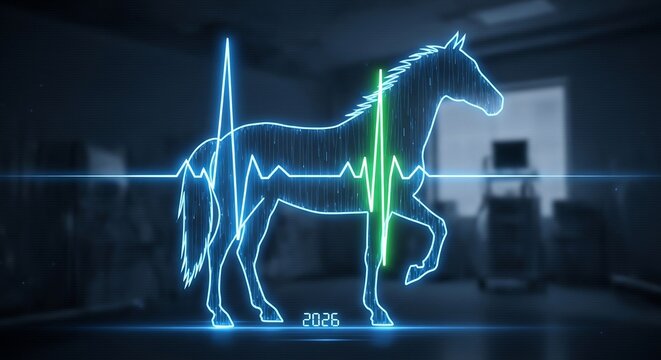 Conceptual digital interface tracking equine health metrics through a glowing biometric HUD