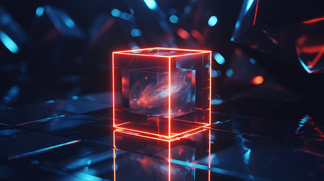 Glowing neon cube with galaxy inside on dark reflective surface