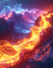 Vibrant, fiery, glowing lava flows through a dark, mountainous landscape