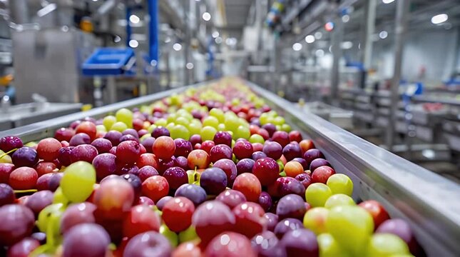 A vibrant processing line showcases a plethora of grapes, featuring varied colors, moving along a conveyor. Industrial setting in soft focus