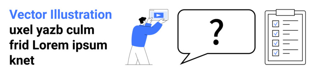 Man holding a screen showing video content, large speech bubble with question mark, and detailed task checklist. Ideal for education, planning, communication, organization, creativity © robu_s
