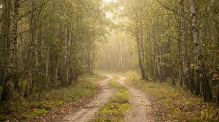 Obraz premium Foggy Winding Dirt Road Through Birch Forest Autumn