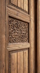A close-up of a carved wooden door featuring an ornate lattice panel and rich brown grain. with warm lighting