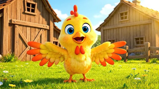 A cheerful cartoon chicken with open wings, stands on a grassy meadow, barns in background